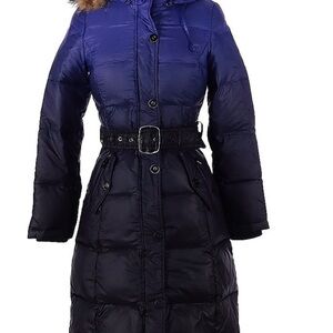 ONLY Purple and Gray Belted Long Puffer Hooded Faux Fur Jacket XS